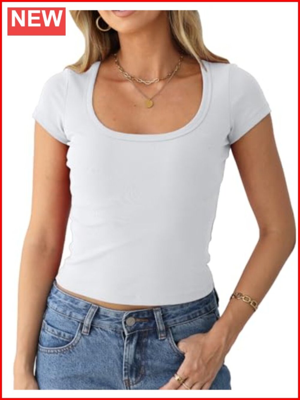 Beumissy Women's Low Scoop Neck Short Sleeve T-Shirt Cotton Blend Baby Tee Y2K